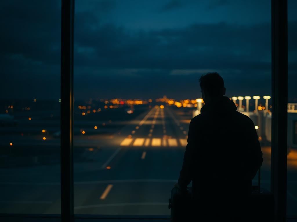 夜の空港で夜景を眺める旅行者